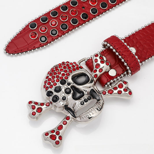 Skull Buckle Red Strap With Black And Red Studded Rhinestone Belt