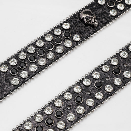 Skull Buckle Black Strap With Black And White Studded Rhinestone Belt