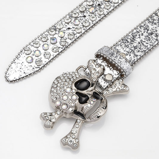 Skull Buckle Silver Shiny Strap With Crystal Studded Rhinestone Belt