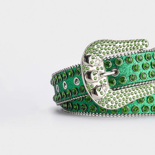 Skull Buckle Green Shiny Strap With Green Crystal Studded Rhinestone Belt