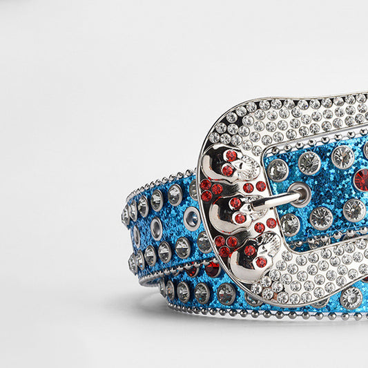 Skull Buckle Blue Shiny Strap With Crystal Studded Rhinestone Belt