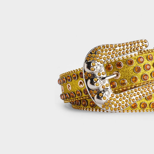 Skull Buckle Gold Shiny Strap With Gold Crystal Studded Rhinestone Belt