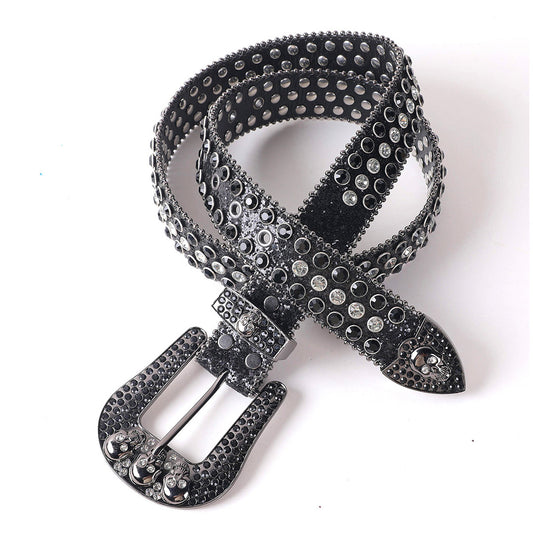 Skull Buckle Black Strap With Black & White Studded Rhinestone Belt