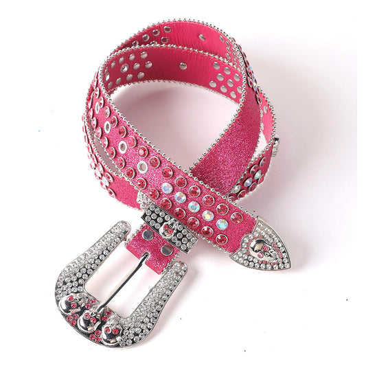 Skull Buckle Pink Shiny Strap With Crystal Studded Rhinestone Belt