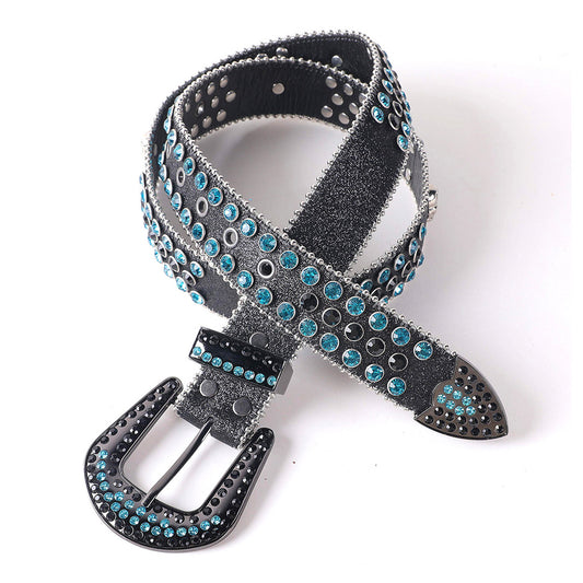 Engraved Buckle Black Strap Blue & Black Studded Rhinestone Belt