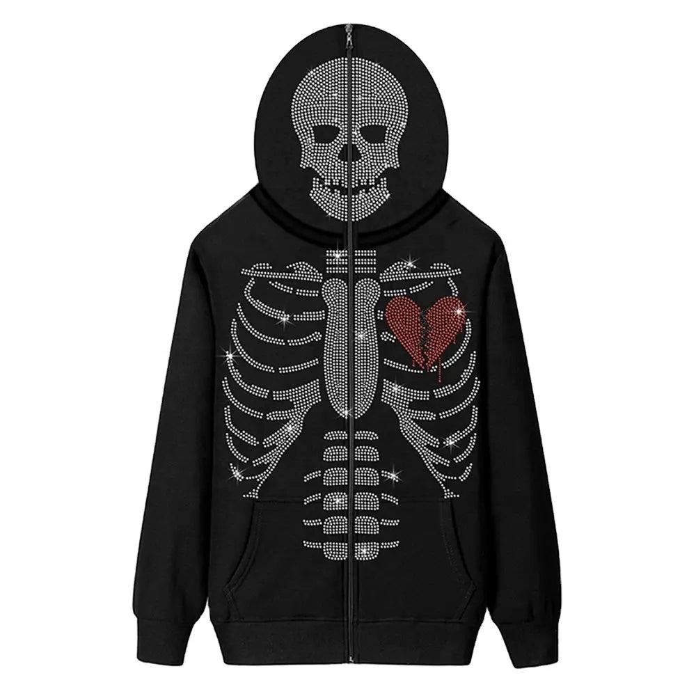 Sad Skeleton Sudded Rhinestone Hoodie