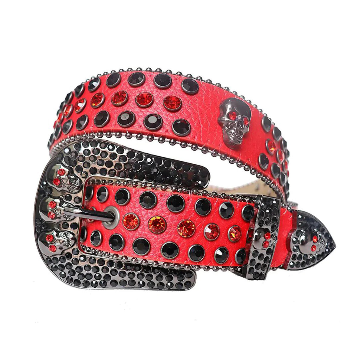 Black and Red Rhinestone Belt With Red Strap and Skull Buckles