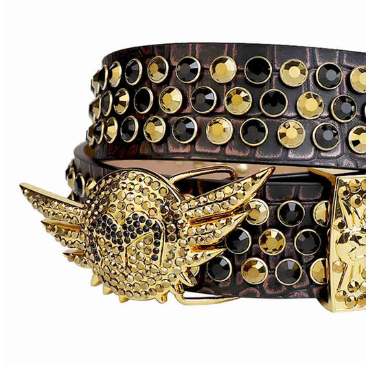 Black and Golden Angel Wings Buckle Rhinestone Belt with Black Strap