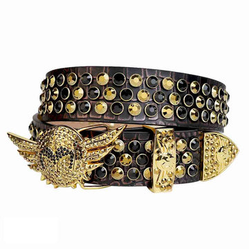 Black and Golden Angel Wings Buckle Rhinestone Belt with Black Strap